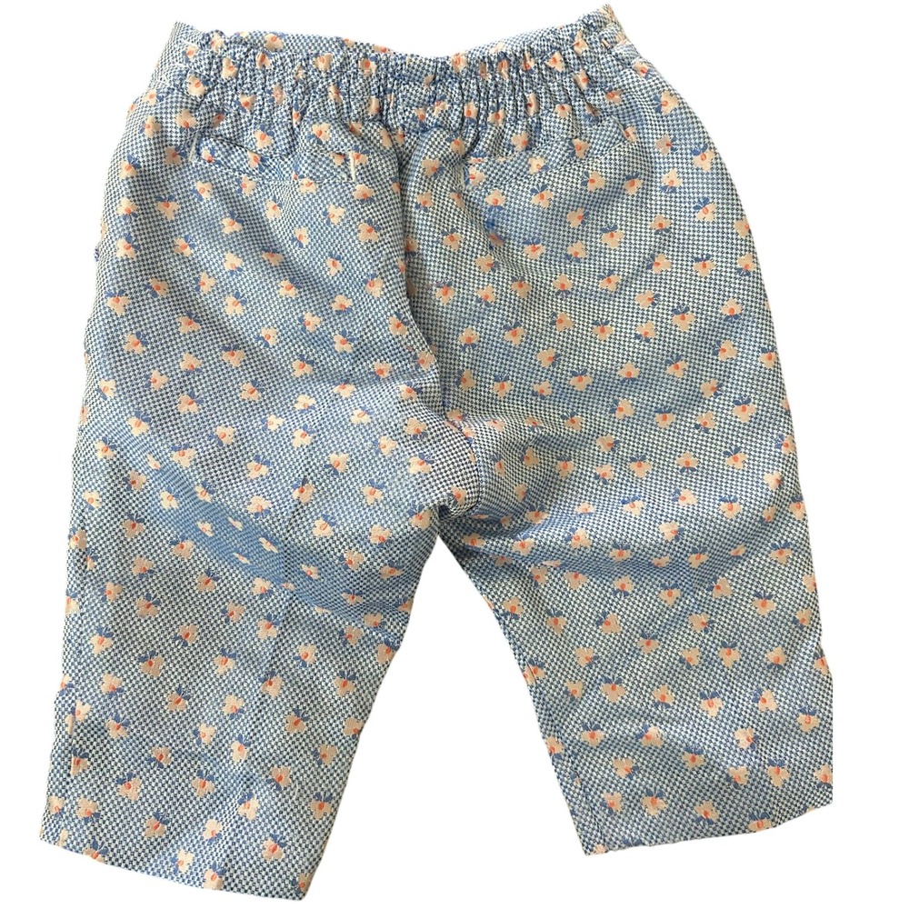 Vintage Floral Houndstooth Pants Blue Orange Straight Leg Elastic Waist Trouser
